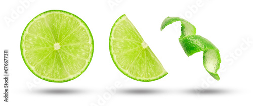 Flying fresh lime slices collection with lemon peel isolated on white background.
