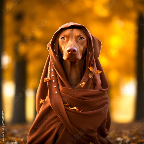 Hungarian vizsla with a brown scarf in autumn park. photo