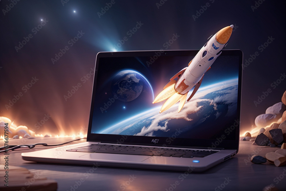 The rocket is taking off from the laptop. There's a lot of smoke on the desk. - obrazy, fototapety, plakaty 