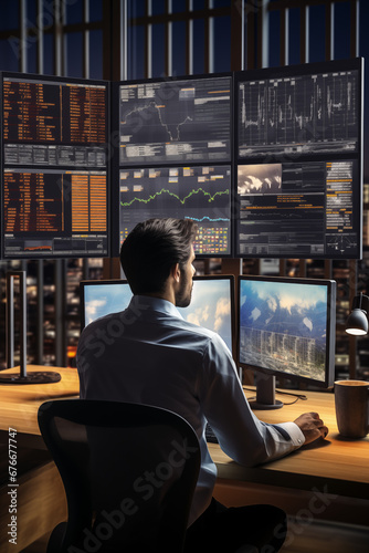A logistics manager at their desk with a digital control panel, overseeing the seamless flow of goods, emphasizing data-driven logistics