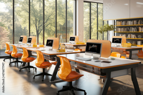 Separate workstations in one large office. A bright room with large windows, tables and comfortable chairs. Generated by artificial intelligence