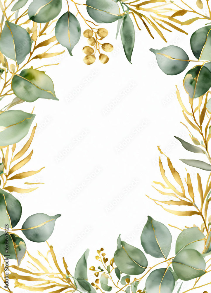 Watercolor Eucalyptus leaves greend and gold border design frame ...