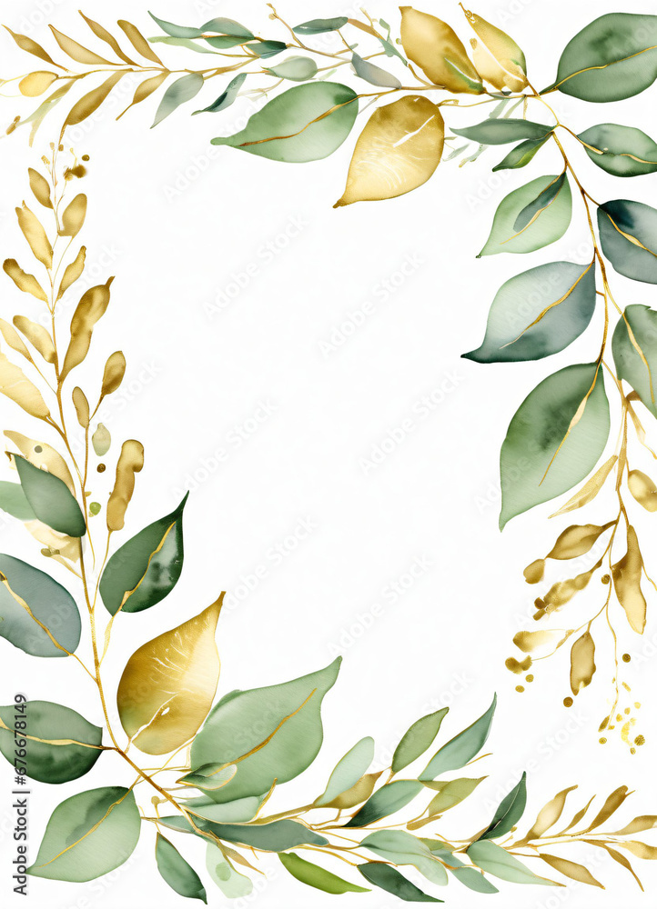 Watercolor Eucalyptus leaves greend and gold border design frame ...