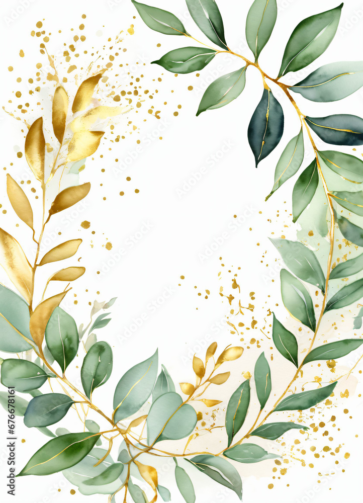 Watercolor Eucalyptus leaves greend and gold border design frame ...