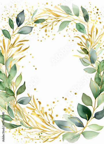 Watercolor Eucalyptus leaves greend and gold border design frame background