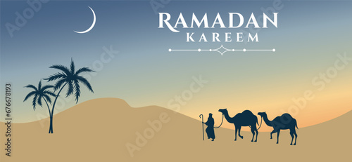 Man with a camel in the desert with a palm tree and new moon Ramadan vector