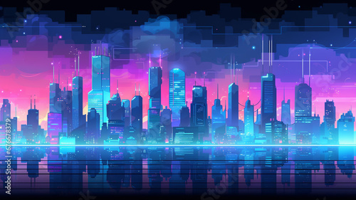 Futuristic City of Future Pixelated Banner Cyberpunk Metropolis
