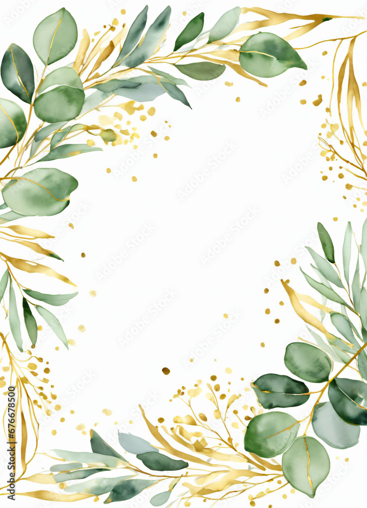 Watercolor Eucalyptus leaves greend and gold border design frame ...
