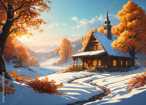 Paceful rustic winter landscape illustration photo