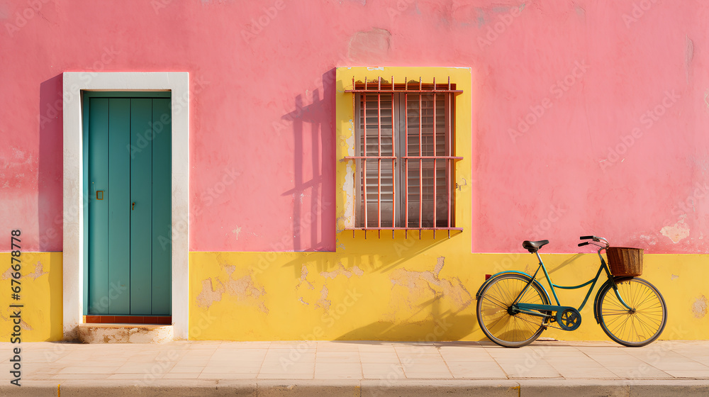 a bicycle is parked next to a colorful house