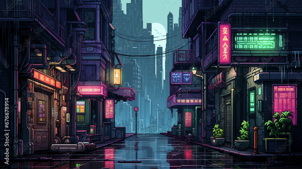 Pixel Art Adventure A Rainy Alleyway in the Cyberpunk City