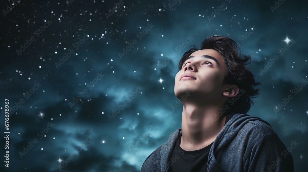 A pensive young male student gazing upwards, symbolizing aspirations and dreams, isolated on a starry-night-colored canvas. copy space. generative AI A pensive young male student gazing upwards, symbolizing aspirations and dreams, isolated on a starry-night-colored canvas. copy space. generative AI