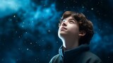A pensive young male student gazing upwards, symbolizing aspirations and dreams, isolated on a starry-night-colored canvas. copy space. generative AI