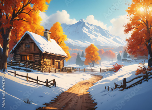 Paceful rustic winter landscape illustration photo