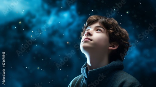 A pensive young male student gazing upwards  symbolizing aspirations and dreams  isolated on a starry-night-colored canvas. copy space. generative AI