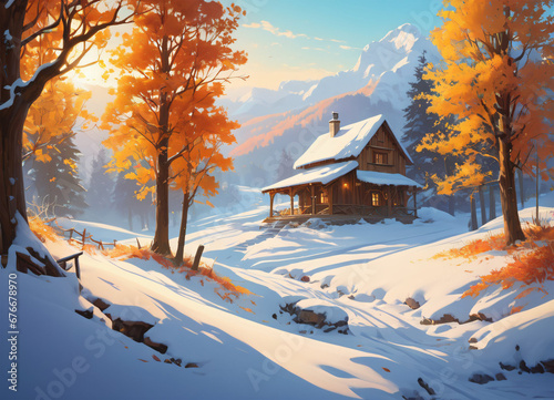 Paceful rustic winter landscape illustration