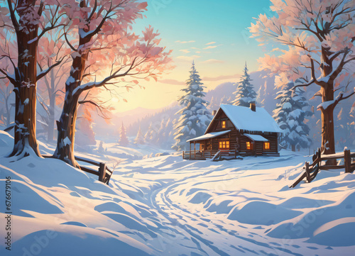 Paceful rustic winter landscape illustration photo