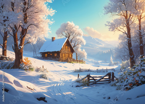 Paceful rustic winter landscape illustration photo