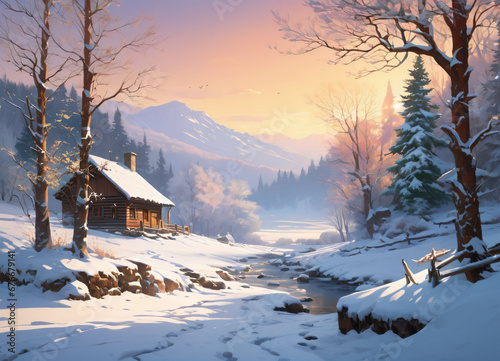 Paceful rustic winter landscape illustration photo