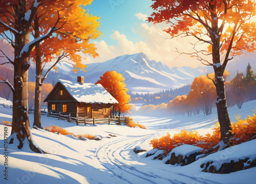 Paceful rustic winter landscape illustration photo