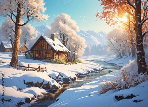 Paceful rustic winter landscape illustration © Alchemysteria
