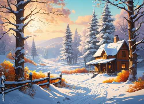 Paceful rustic winter landscape illustration