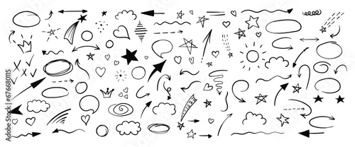 Doodle line cute element set. Arrow, heart, star, etc.