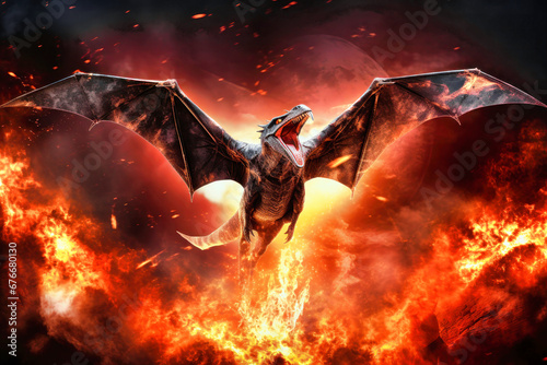 Pterodactyl against a background of fire. Dinosaur. Jurassic period. Flying monster. Global catastrophe. Death of the dinosaurs.