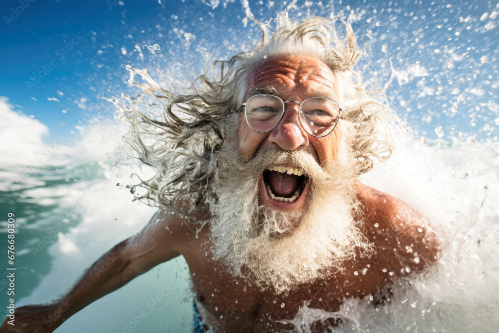 An elderly man with a beard swims in the sea waves. Close-up portrait. Happy emotions. Active lifestyle. Relaxation on the beach.