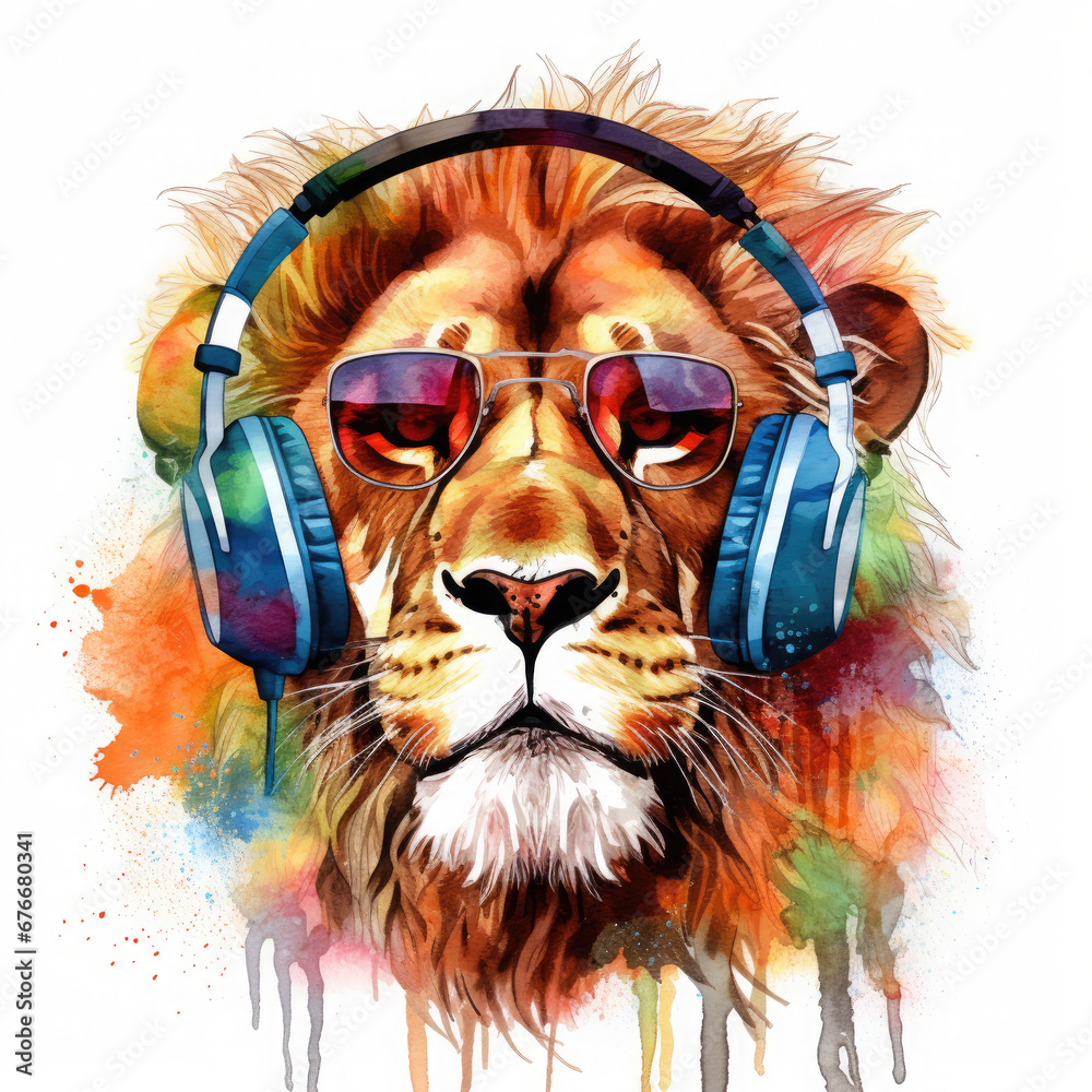 Dj lion with headphones and sunglasses Illustration, Generative Ai