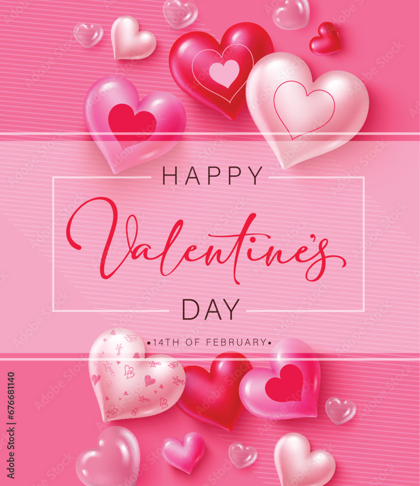 Happy valentine's day text vector poster. Valentine's day greeting card with heart balloons inflatable romantic decoration elements for dedication background. Vector illustration hearts day invitation