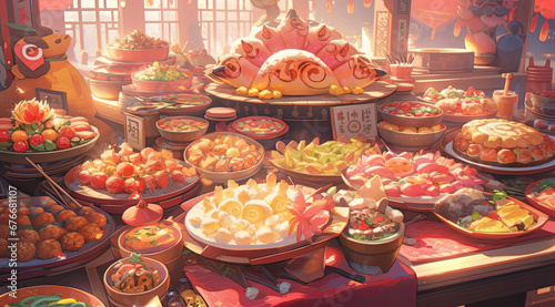 Various traditional pastries placed on the table during the festival. © Anciens