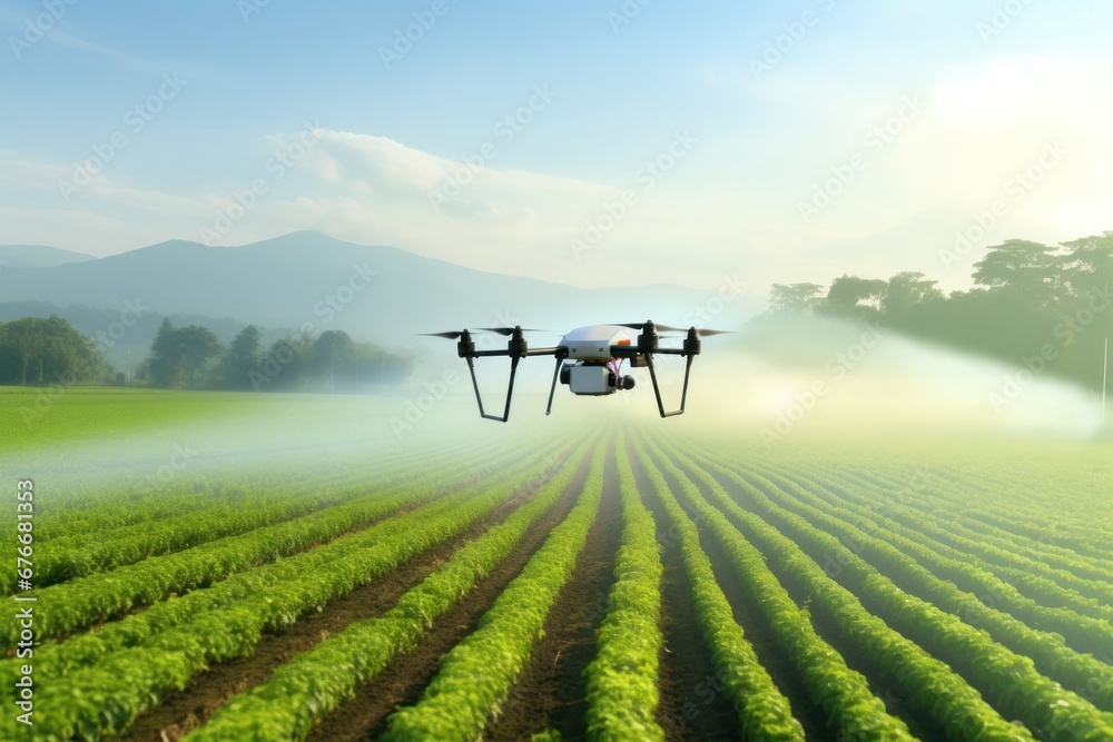 Panoramic agricultural drone flies to spray fertilizer. Smart farmers use drones for various tasks, smart technology concept