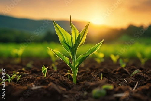 maize corn seedling in the agricultural plantation in the evening, animal feed agricultural industry.