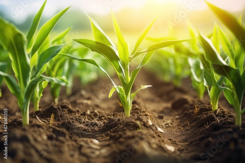 maize corn seedling in the agricultural plantation in the evening, animal feed agricultural industry. #676681355