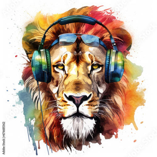 Dj lion with headphones and sunglasses Illustration, Generative Ai © Creative Artist