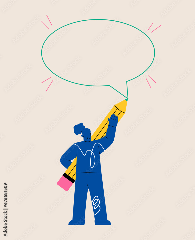 Obraz premium Woman holds a large pencil makes a speech bubble design. Colorful vector illustration