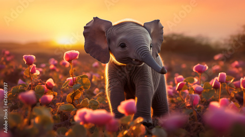 A baby elephant standing in a field