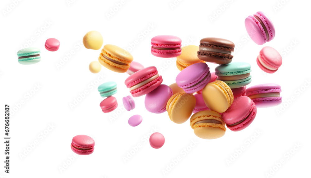 Obraz premium Colorful macaroons flying isolated on white transparent background. PNG