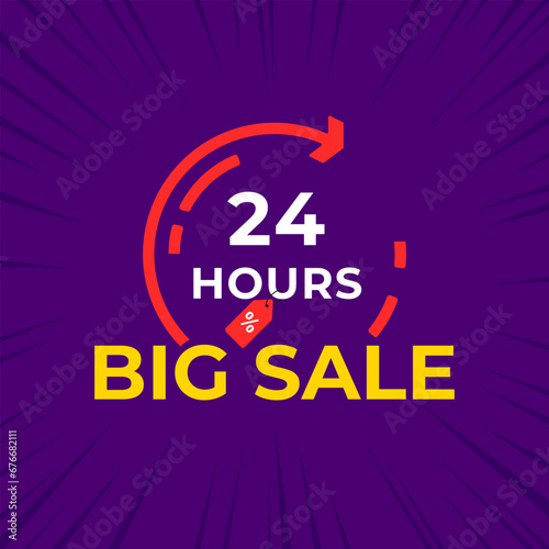 Super big sale promotional banner template for shopping on purple background, 24 Hour Big Sale Design