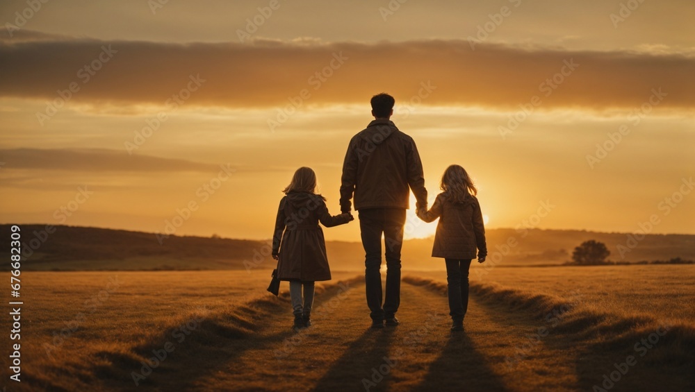 Family walking in the field at sunset. Generative AI.