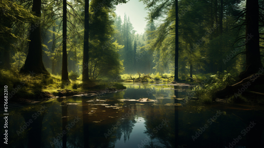 A body of water surrounded by trees and grass