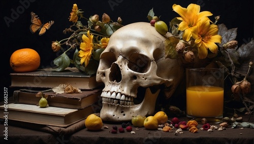 Still life with skull, old books and flowers. Artistic concept about the transience of life. Generative AI. photo