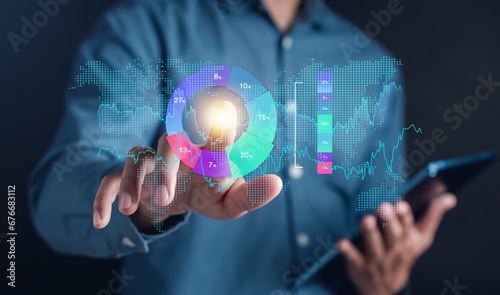 Analyst working with computer in Business Analytics and Data Management System to make report with KPI and metrics connected to database. Corporate strategy for finance, operations, sales, marketing.