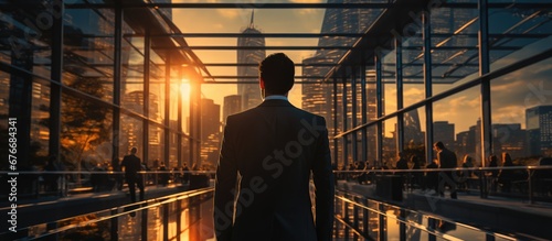 a portrait of a businessman standing under the hot sun, overlaid with a view of the building. Office building concept, business view