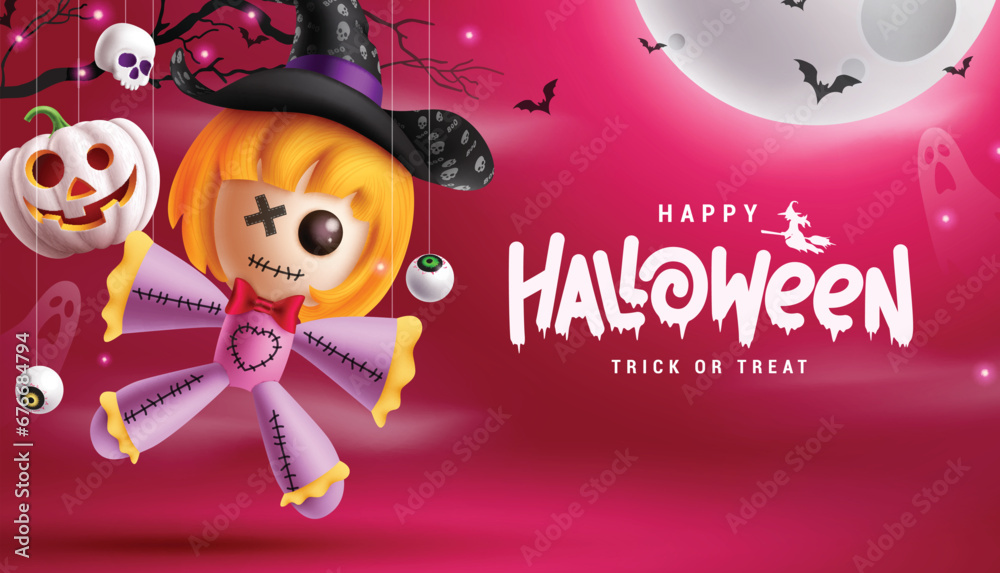 Happy halloween text vector design. Halloween trick or treat in pink space with hanging witch doll, pumpkin, skull and eye ball elements. Vector illustration halloween party card design.
