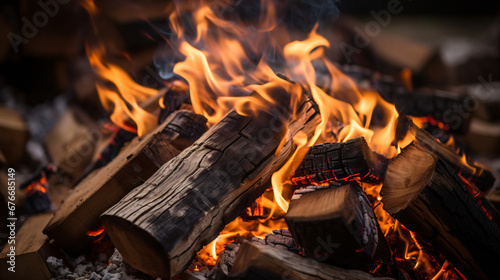 A close up of a fire with lots of wood burning.