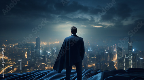 Businessman in suit and cape hero stand at rooftop