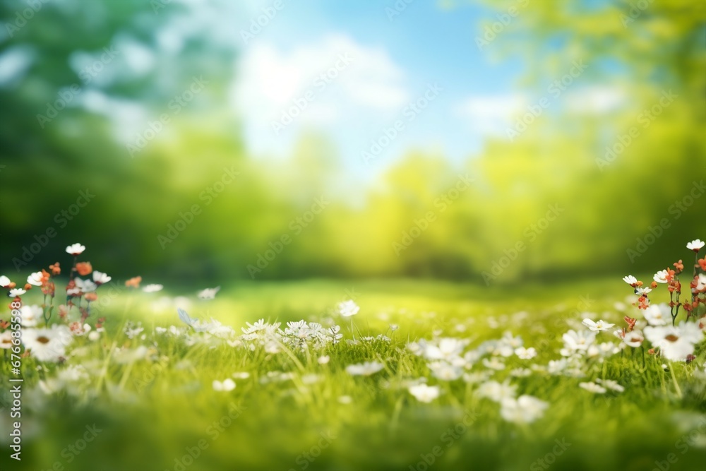 Beautiful blurred spring background nature with blooming glade, trees and blue sky on a sunny day. generative ai.