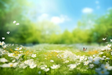 Beautiful blurred spring background nature with blooming glade, trees and blue sky on a sunny day. generative ai.